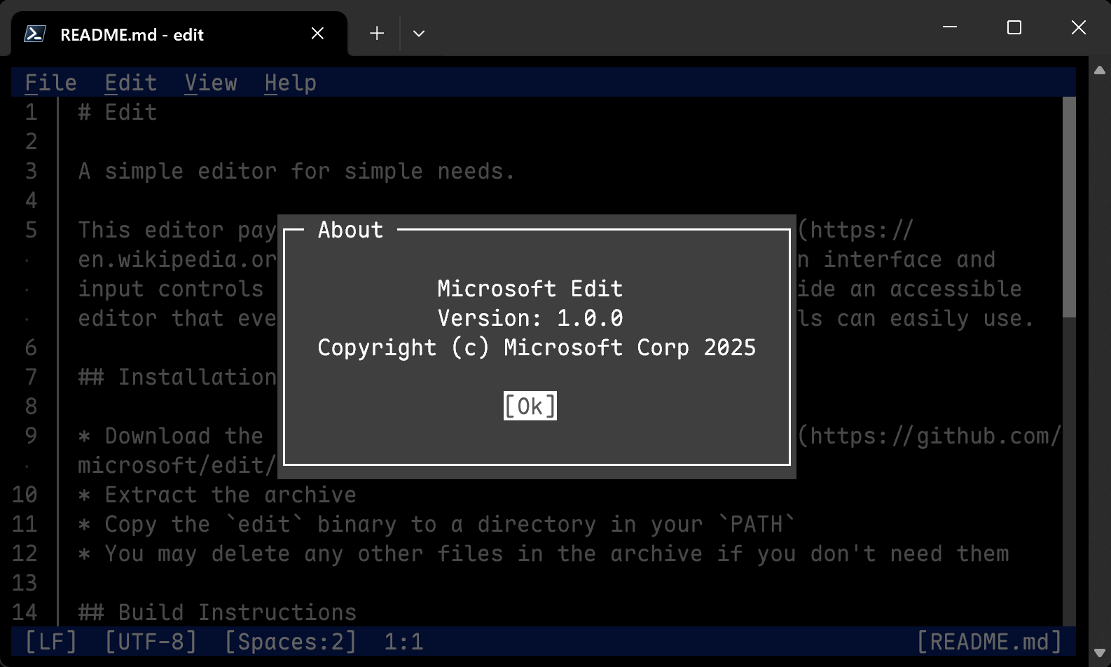 Screenshot of Edit with the About dialog in the foreground